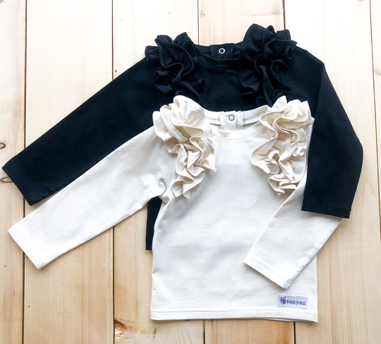 Double Ruffle Shirt For Toddler - Organic Cotton Tee Baby Comfy T-Shirt Girl Cream, White, Black & Purple Fall Outfit