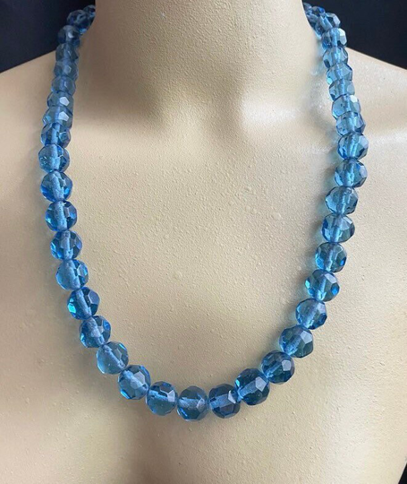 Art Deco 1930S Beautiful Long Powder Blue Bohemian Glass Crystal Geometric Necklace