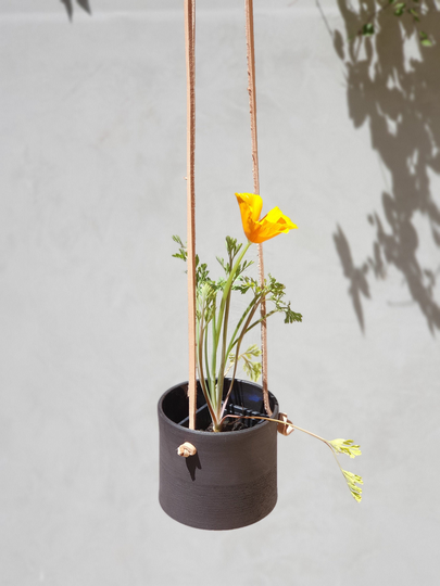 Black Hanging Planter With Leather Straps, Minimalist Pottery Pot, Ceramic Planter, Succulent Modern