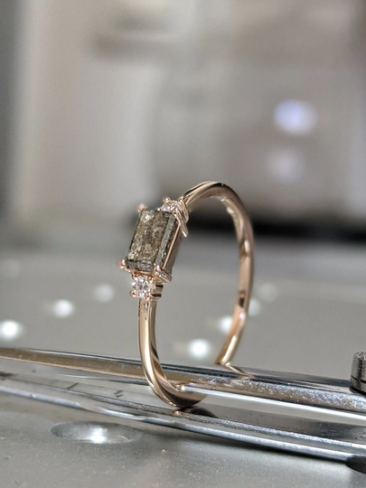 Salt & Pepper Diamond Emerald Ring, Vintage Engagement Baguette Raw