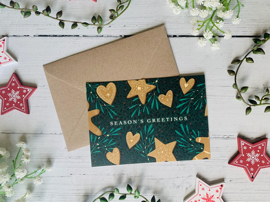 Season's Greetings Gingerbread Christmas Card - Illustrated Art Holiday Xmas Cookies Kraft Envelope Included