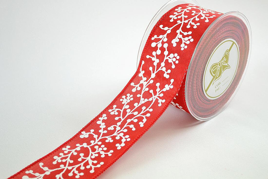 Snowy Branches Printed Wired Ribbon By The Yard Winter Nature Theme, Red & White Seasonal Holiday Decoration