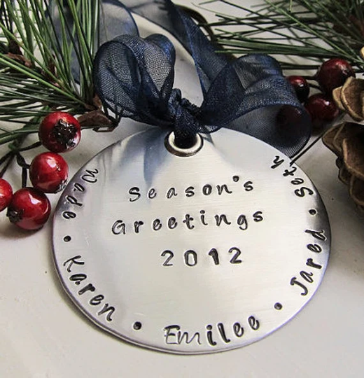 Season's Greetings Personalized Christmas Ornament Custom Order Handstamped Keepsake 2 Inch Aluminum Family