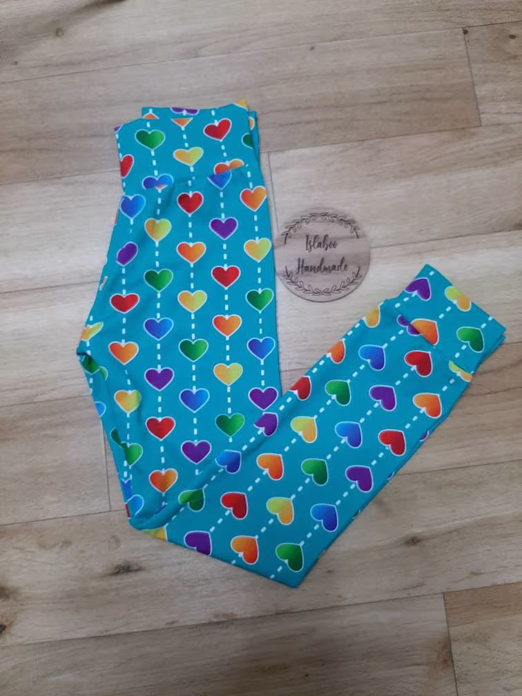 Organic Rainbow Hearts Leggings, Baby Rainbow Summer Leggings Toddler Bright Heart