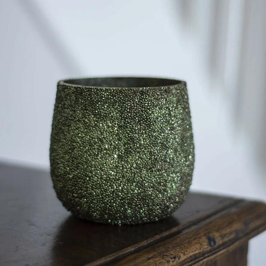 Antique Green Round Crystal Mosaic Candle Holder, Glass Votive Pot Tea Light, Large