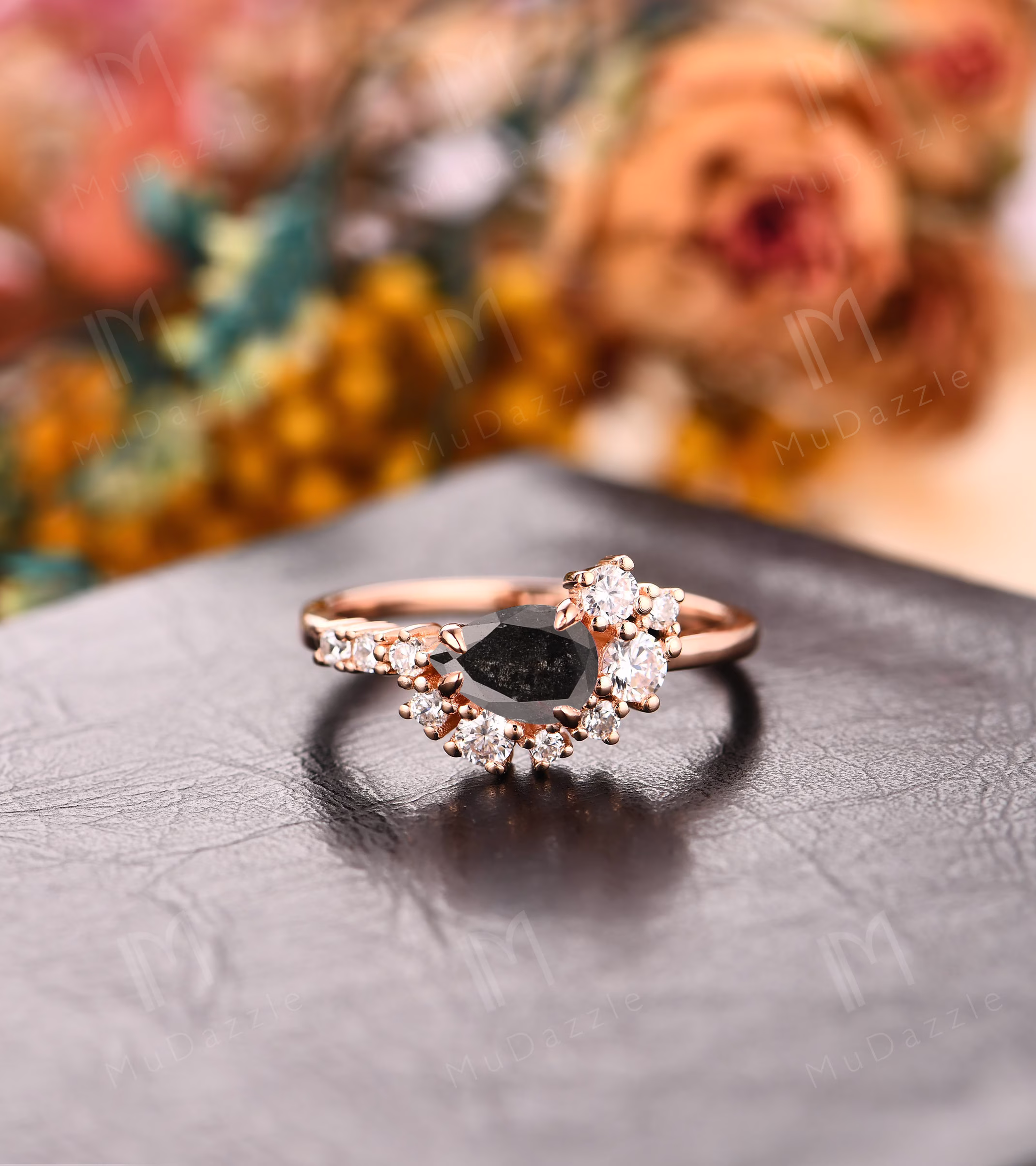 Antique Ring// Rose Gold Salt & Pepper Promise Proposal Pear Shaped & Diamond Engagement Wedding Vintage Ring