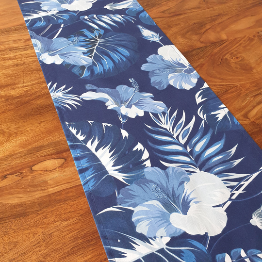 Dark Blue Tropical Leaf Table Runner, Monstera Print, Decor, Home Hibiscus