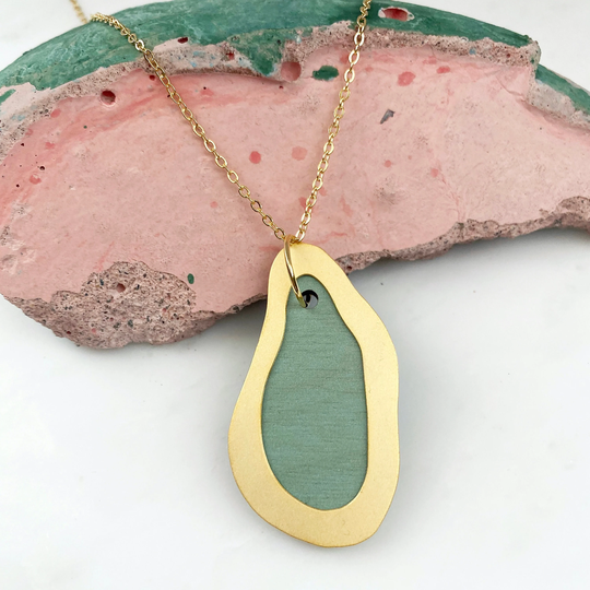 Organic Wave Necklace - Mint & Gold Pendant Geometric Statement Modern Jewellery Pebble