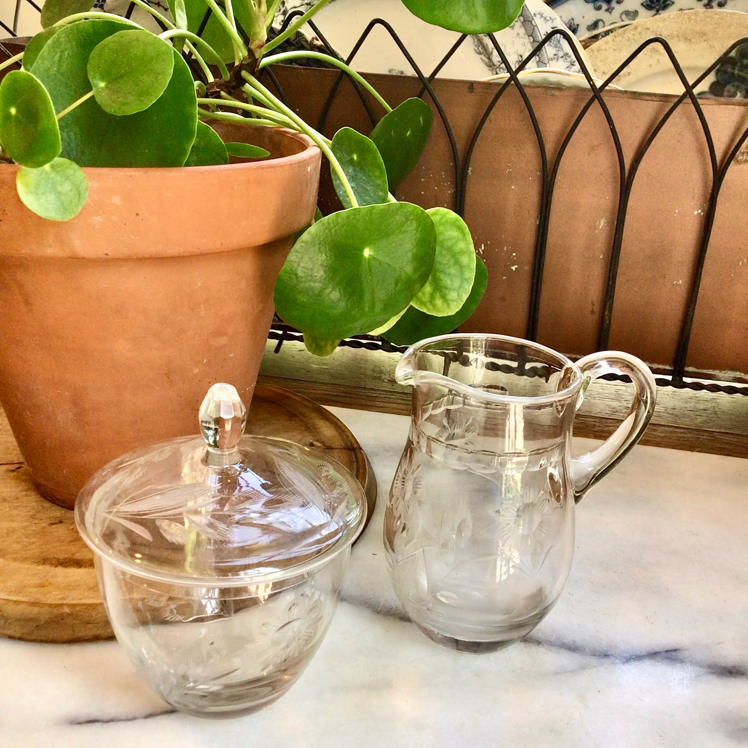 Gorgeous Etched Glass Cream & Sugar