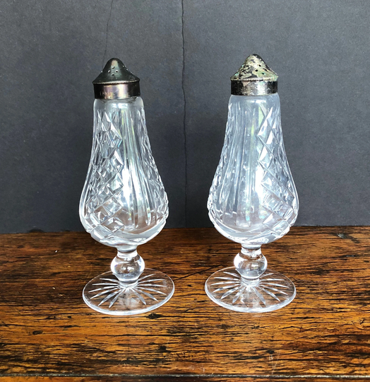 Waterford Salt & Pepper Shakers, Lismore, Footed, Silver Plate, Cut Glass, Booboozbazaar