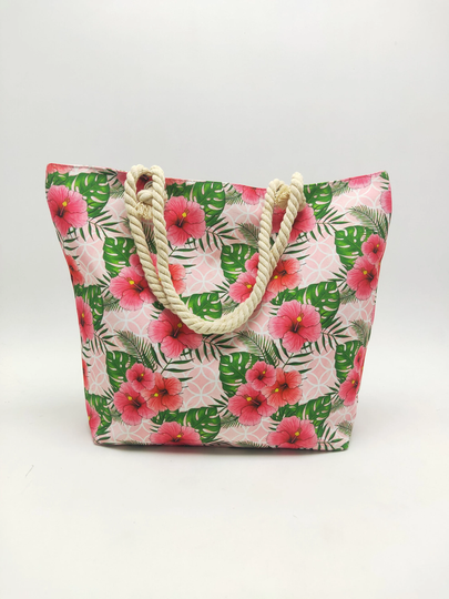 Hibiscus, Summer Beach Bag, Tropical Flowers, Palm Tree Tote, Purse, Vacation Tote Ocean, Bag With Rope Handles