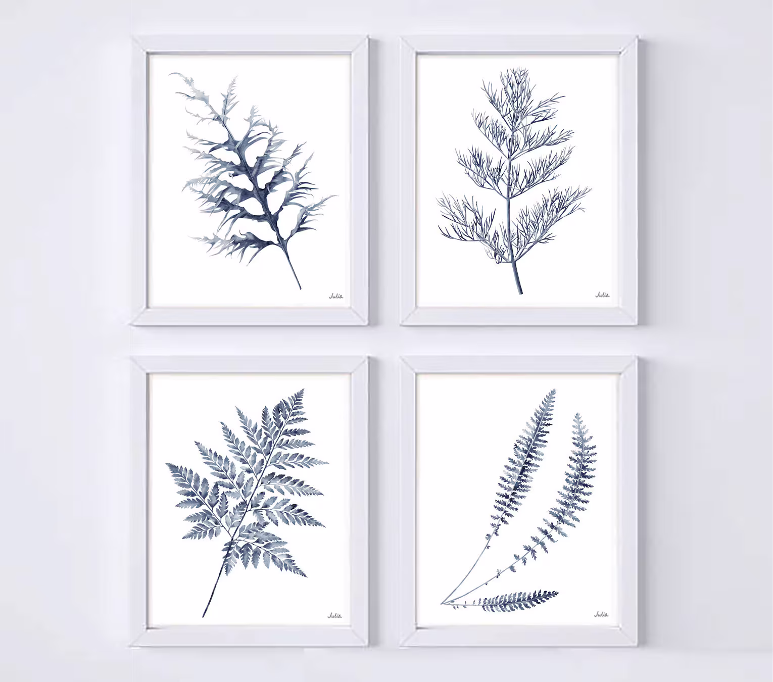 Herb Prints Botanical Wall Art Indigo Set Of 2, 3, 4 Nature Ferns Watercolor Painting