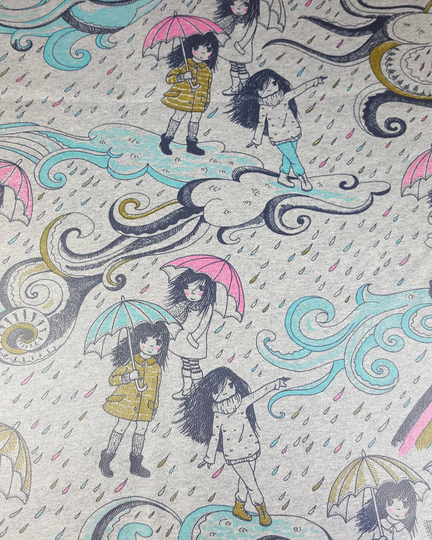 40cm Piece Organic Cotton Jersey Pu Laminate Fabric With Cute Rainy Day Print On Grey