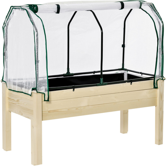 Raised Garden Bed w/ pe Cover Patio Elevated Wood Planter Box Natural - Natural wood finish - Outsunny