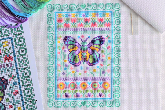 Kit Summer Cross Stitch Kit - Colourful Butterfly Mini Sampler Seasonal Easy Modern Design 14 Count Aida & Dmc Thread