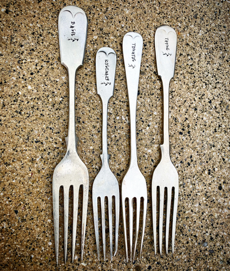 Custom Vintage Fork Herb Plant Markers Hand Stamped Recycled Garden Plant Stakes, Gardening Gardeners Gift, Yard Art. Upcycled