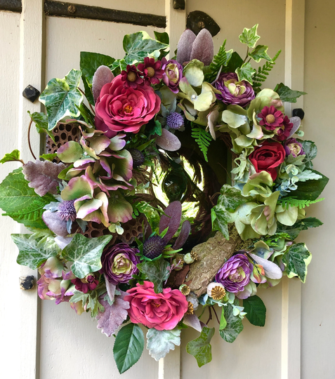 Handmade Autumn/Winter Front Door Wreath, Hydrangea & Rose Floral Artificial Seasonal Wreath