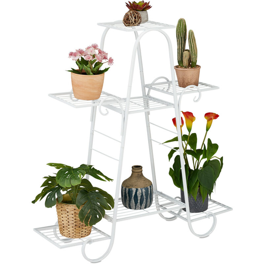 Plant Stand Metal, for 7 Potted Plants, Flower Rack Indoor, Outdoor, HxWxD 83 x 75 x 24 cm, Tiered, White - Relaxdays