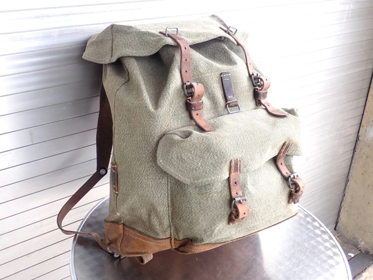 1963 Swiss Army Vintage Backpack Citybag Salt & Pepper Leather Canvas Leder Rucksack Schweizer Armee Suisse Sac A Dos Biker Hike