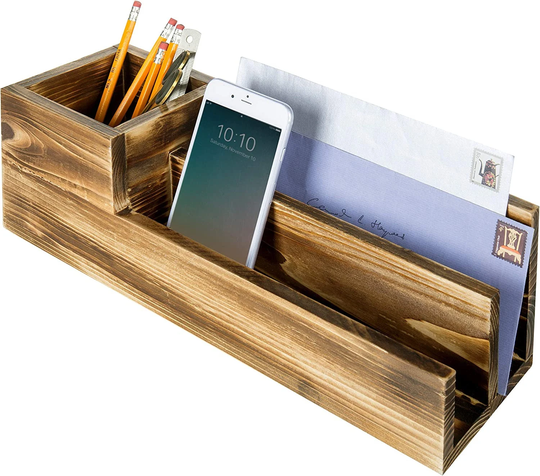 Burnt Wood Desktop Mail Organizer With Pencil Cup Holder | Desk Office Accessories Shelf