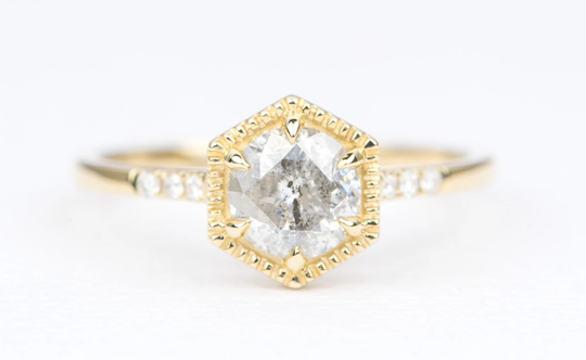 0.91Ct Salt & Pepper Diamond 14K Yellow Gold Engagement Ring Hexagon Setting Pave Band Milgrain Edge Ooak Alternative Bride Ad1462-33