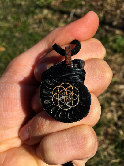 Ammonite Fossil Pendant | Seed Of Life Sacred Geometry Jewelry Mens Black Crystal Necklace Laser Engraved Gift Earthy Minimalist Gem