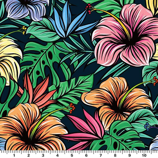 Illustrated Hibiscus & Monstera Printed Spandex Fabric | Blue Moon Fabrics