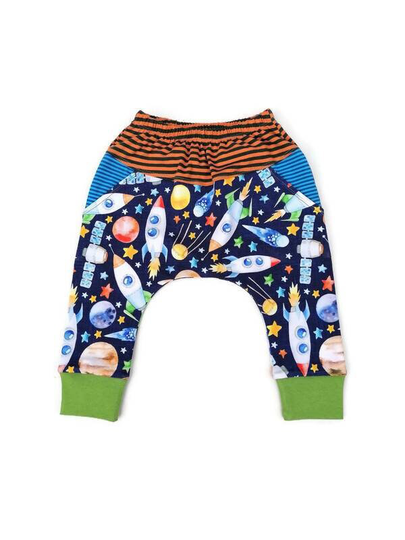 Organic Baby Baggy Trousers, Space Rockets, Little Astronaut, Cloth Friendly Clothes, Unisex Toddler Pants, Colour Blocked Trousers