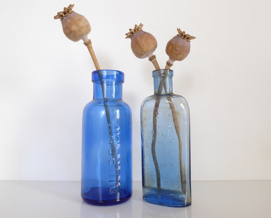 Pair Of Vintage Blue Glass Medicine Bottles - Apothecary Diuromil Masons Wine Essences