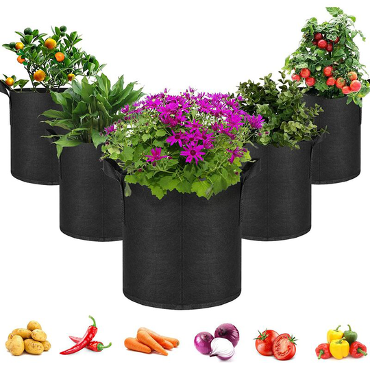 Tinor - 5-Pack 5 Gallons Non-woven Fabrics Grow Bags For Tomatoes Seed Breathable Plant Pots Potato Growing Vegetables Strawberry Biodegradable