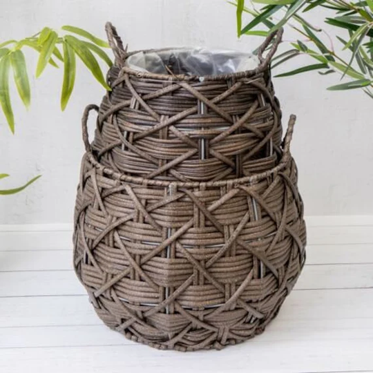 Woven Rattan Wicker Effect Round Lined Decorative Basket Flower Planters Handles