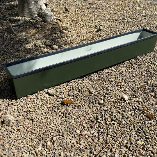Long Juniper Green Window Box Style Handmade Metal Planter, With Rubber Trim On Top Edge