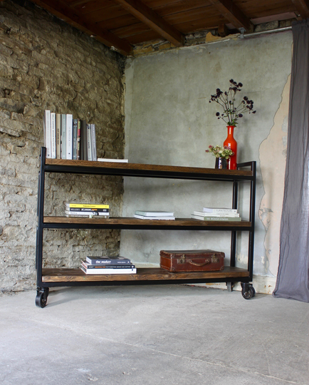 Kachine Reclaimed Industrial Style Bookshelf Dark Walnut Stained Scaffolding Board, Black Powder Coated Box Section Shelving Unit On Castors