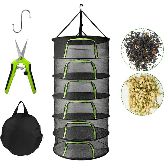 Black Hanging Drying Net, 6 Layers Foldable Grass Hanging Net with Zippers, Plant Drying Rack for Drying Fruits, Vegetables, Fish
