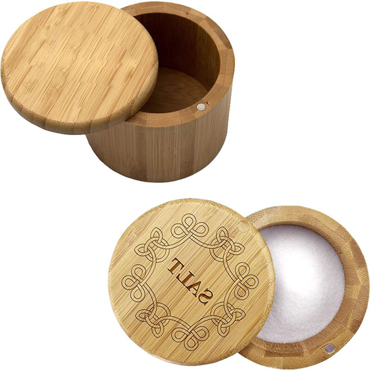 Bamboo Salt Box, Salt Container With Lid, Salt Shaker, Bowl with Magnetic Swivel Lid (2 pcs) Seasoning Jar + Pattern