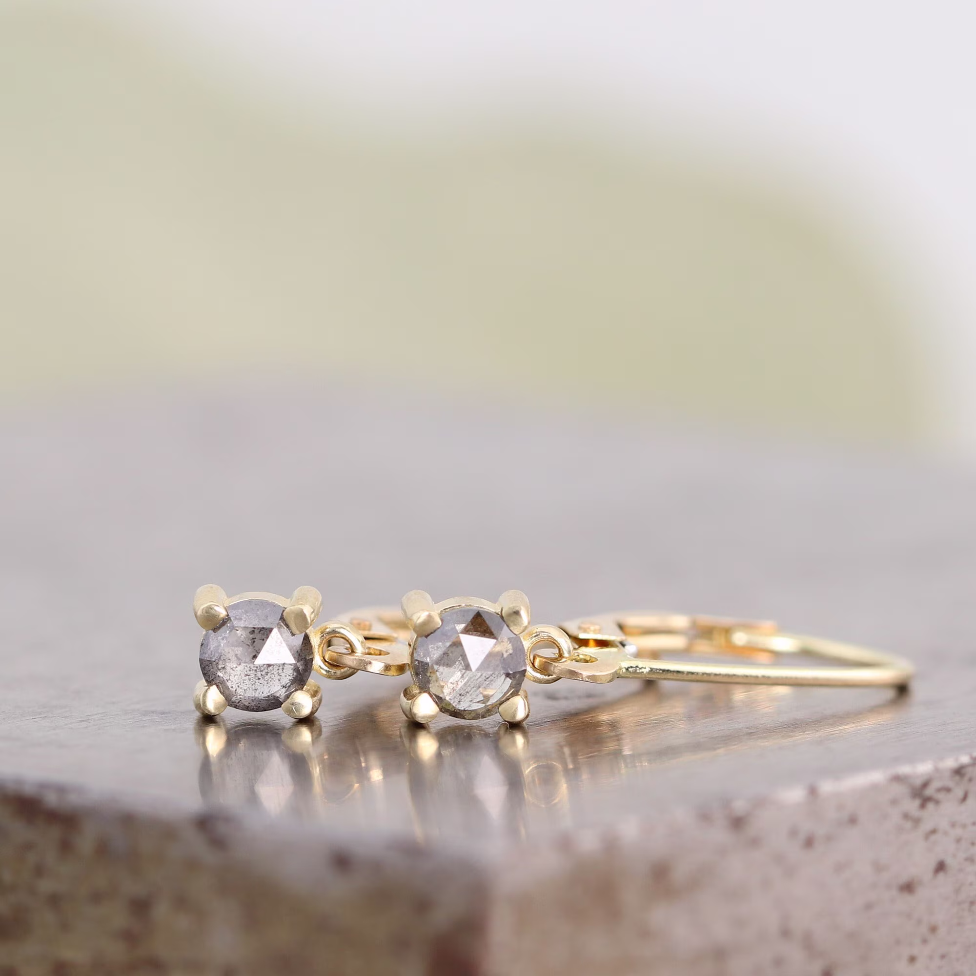 Light Salt & Pepper Rose Cut Diamonds in 14K Yellow Gold Lever Back Earrings - Modern Prong Setting Diamond Dangle -Ready To Ship