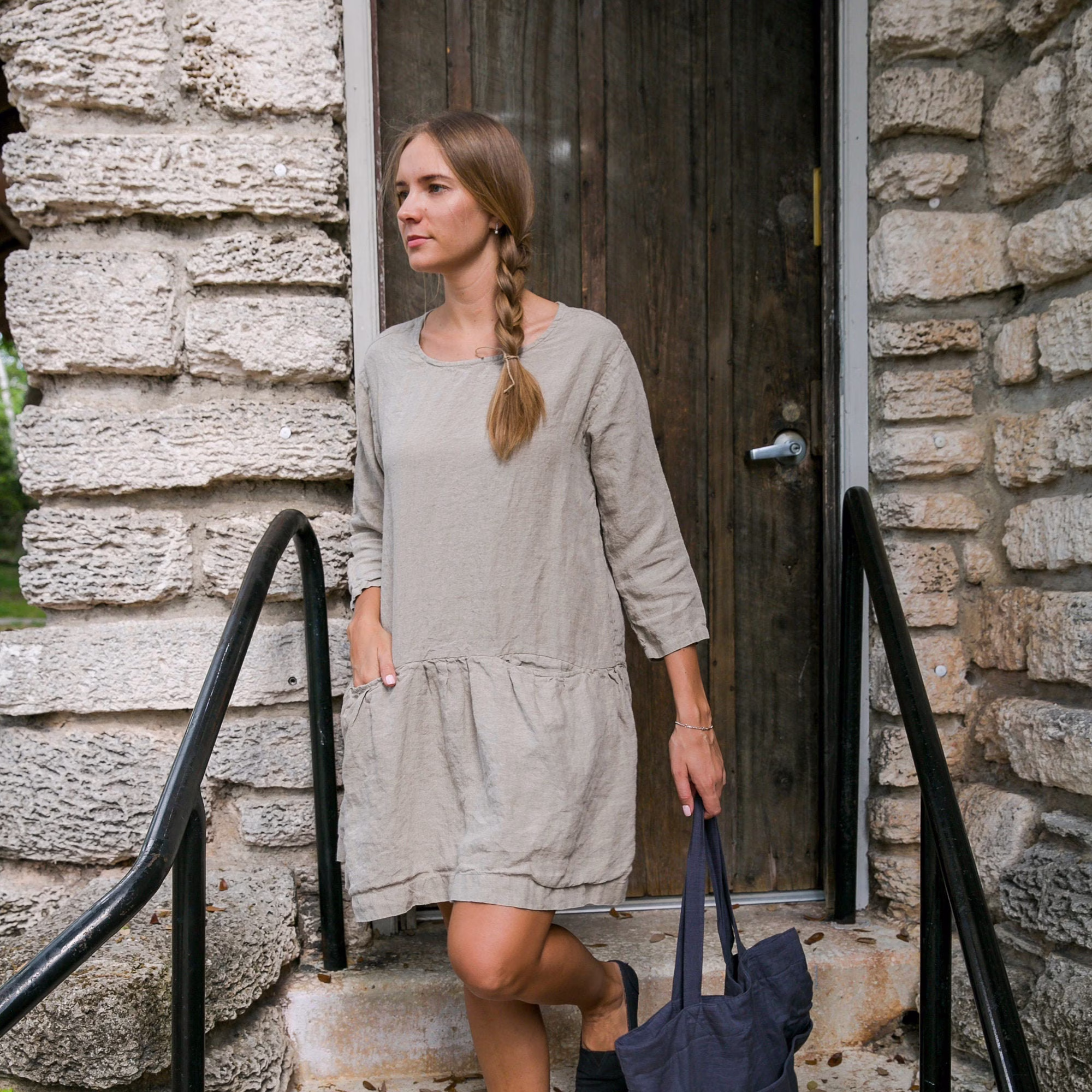 Linen Dress Clothing For Women Organic , Boho Loose Linen Charcoal Gray
