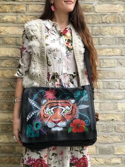 Unique Leather Messenger Bag, Hand Painted Tiger Cat, Large Laptop Women's Leather Briefcase, College Graduation Gift, Office Work Bag