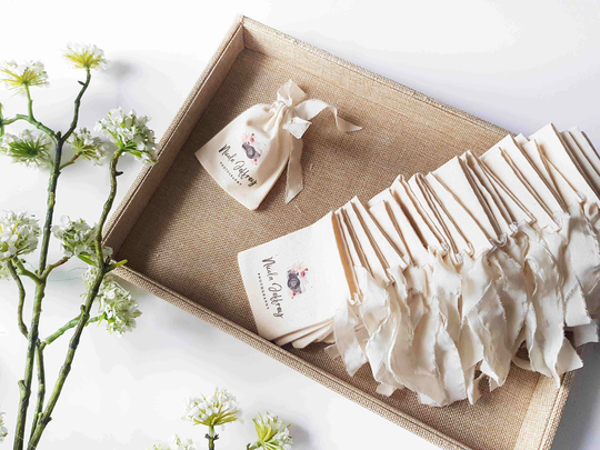Custom Printed Cotton Drawstring Pouches With Mulberry Silk Ribbon Tie. Sustainable & Eco-Friendly Made Oeko-Tex Cotton
