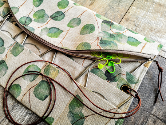 Circular Needle Case Luxury Linen Eucalyptus Tree Leaf Organizer Zip Pocket Holder Roll For 10/15/20/25/30/40/50/60 Needles Handmade Gift