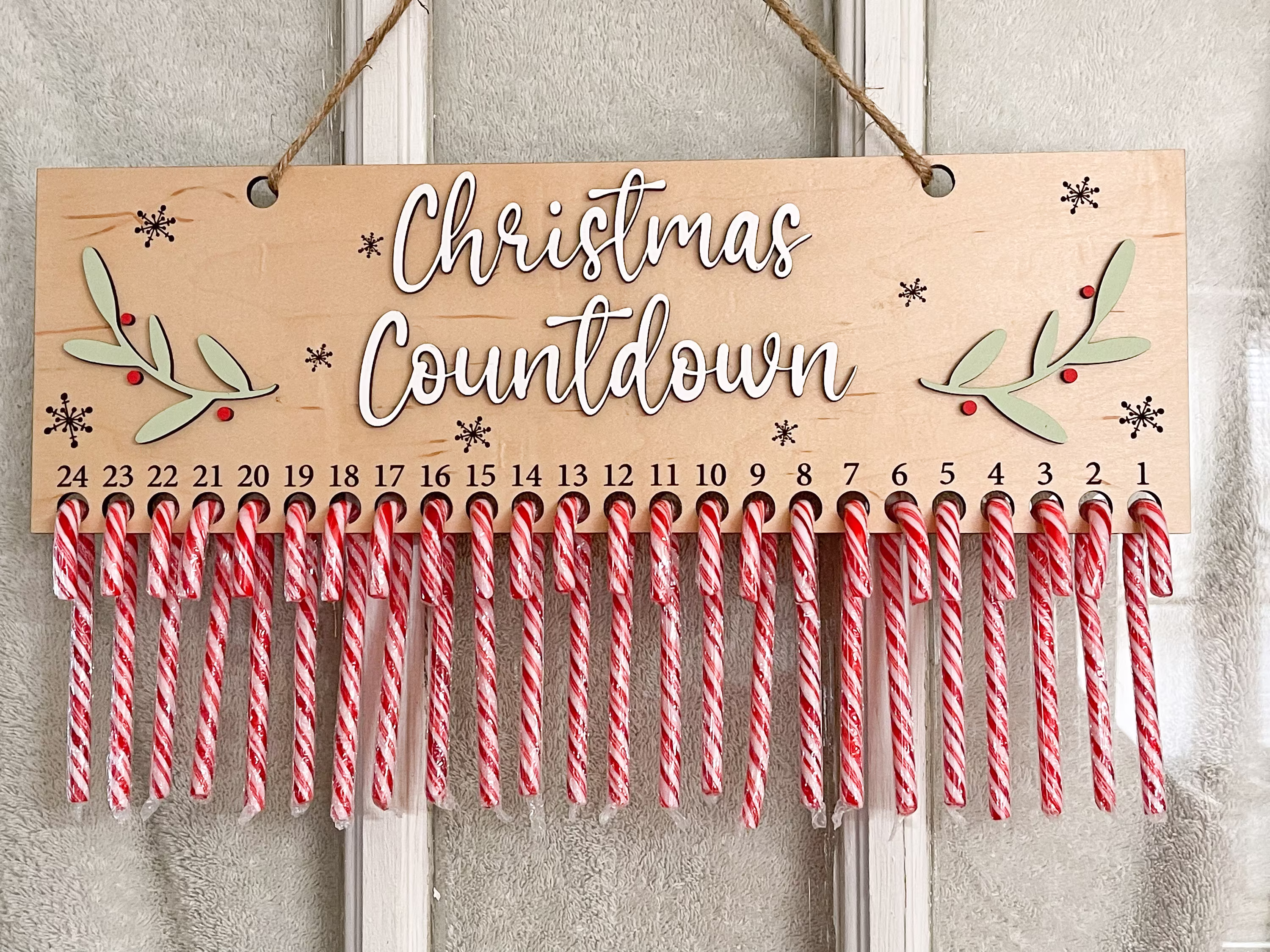 Christmas Countdown Advent Calendar Candy Cane Holly Country Farmhouse Decor Wood Laser Engraved