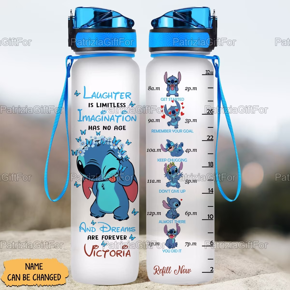Personalized Stitch Water Tracker Bottle, Cute Lovers Custom 32Oz Christmas Gifts