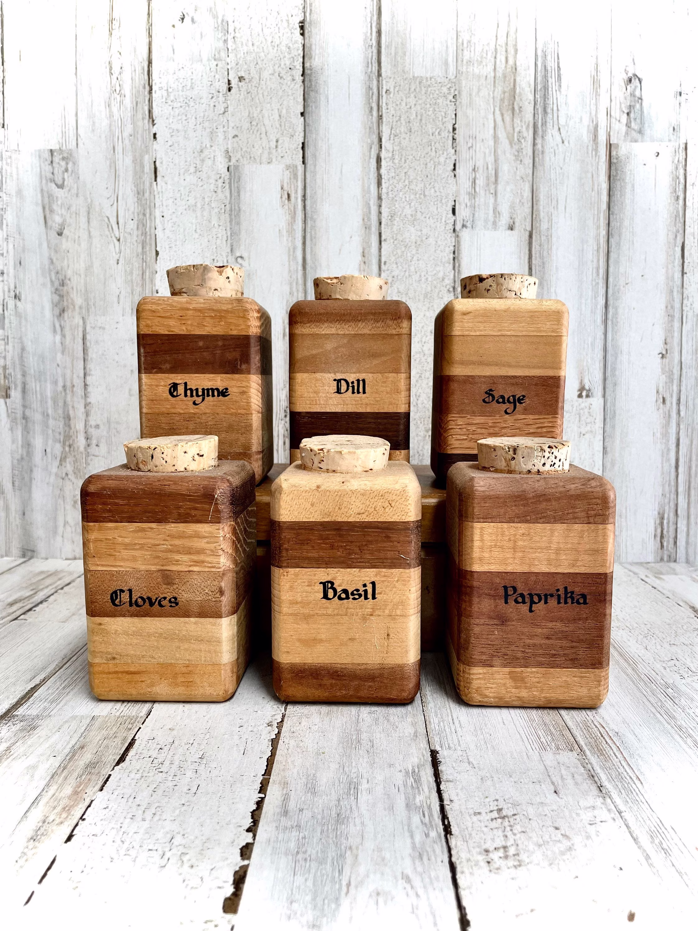 Vintage Set Of Six Wooden Spice Jars Cork Lid Hand Turned 1970S Stacked Wood Oak Old English