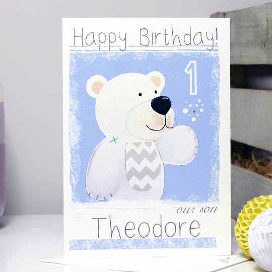 Personalised Arctic Polar Bear Birthday Card, Coral/Powder Blue/Blue