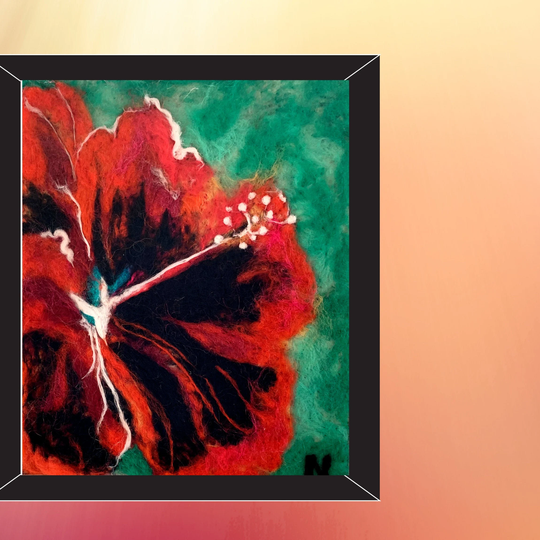 Red Hibiscus Wool Picture - Stunning Tropical Decor Unframed Flower Friendship Gift Original Fibre Art Painting
