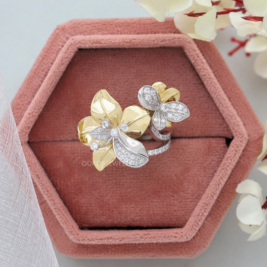 Eco Diamond Floral Style Vintage Ring For Woman/Created Solid Gold Two Tone Man Made Round Gorgeous Her