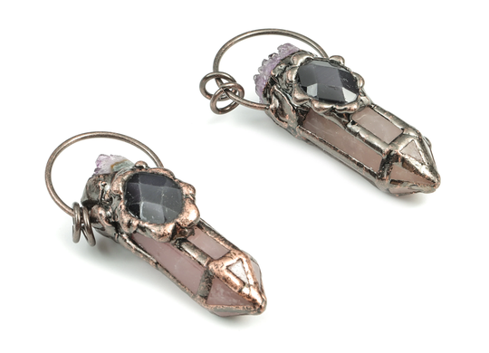 Amethyst Point Pendant - Black Cat Eye Stone & Powder Crystal Charm Average Size Jewelry Making -64.58x28.97x21.21mm- Ns1291