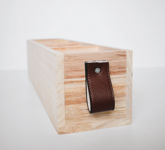 Wood Organizer, 4 Compartment Silverware Holder, Party Decor, Tray, Leather Handles, Natural Wood Table Home Decor