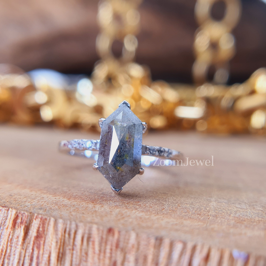 14K Salt & Pepper Diamond Ring| Engagement Hexagon Gold Art Deco Unique Promise Ring