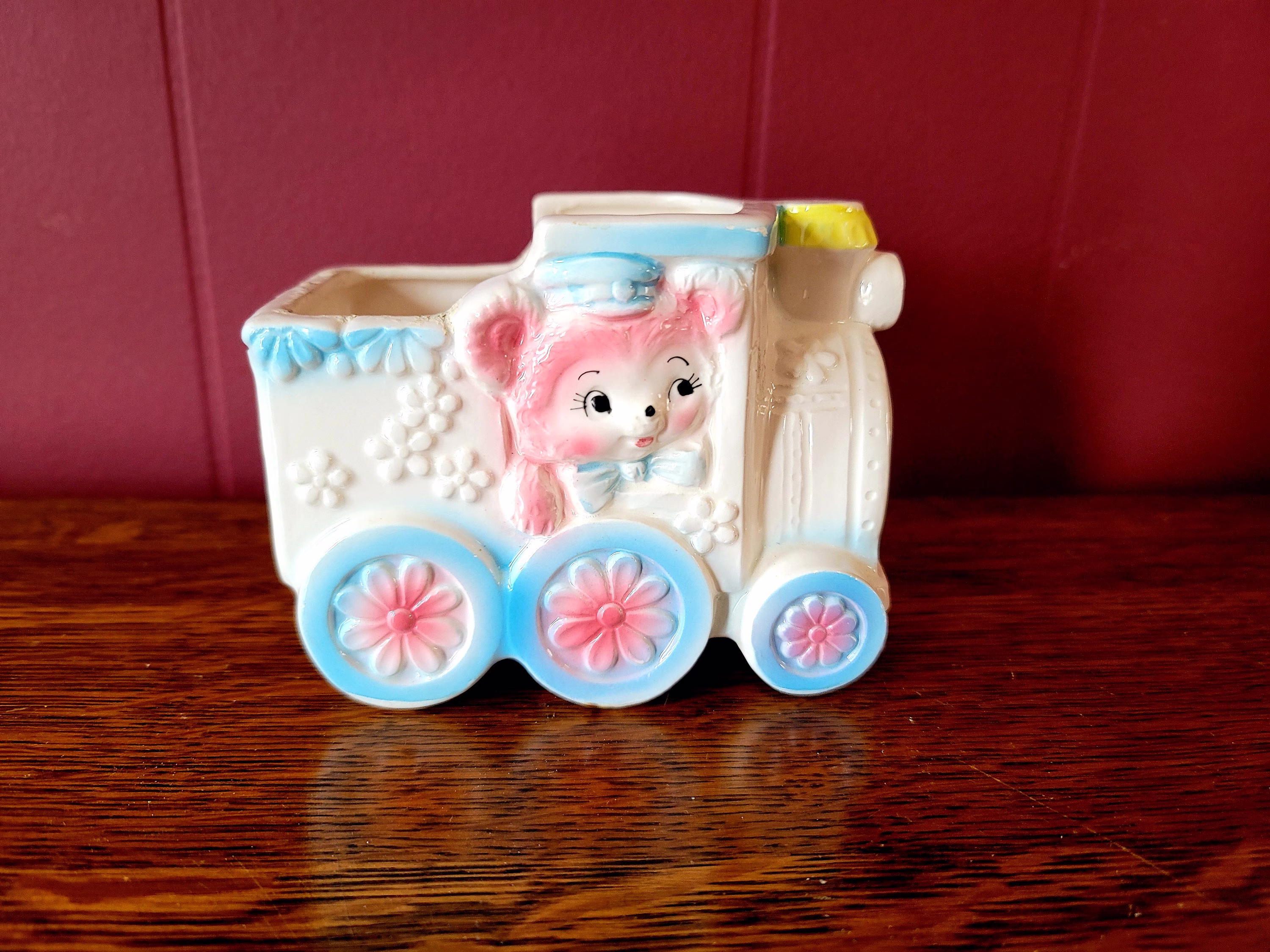 Vintage Planter Lefton Anthropomorphic Bear On Train Japan 7922